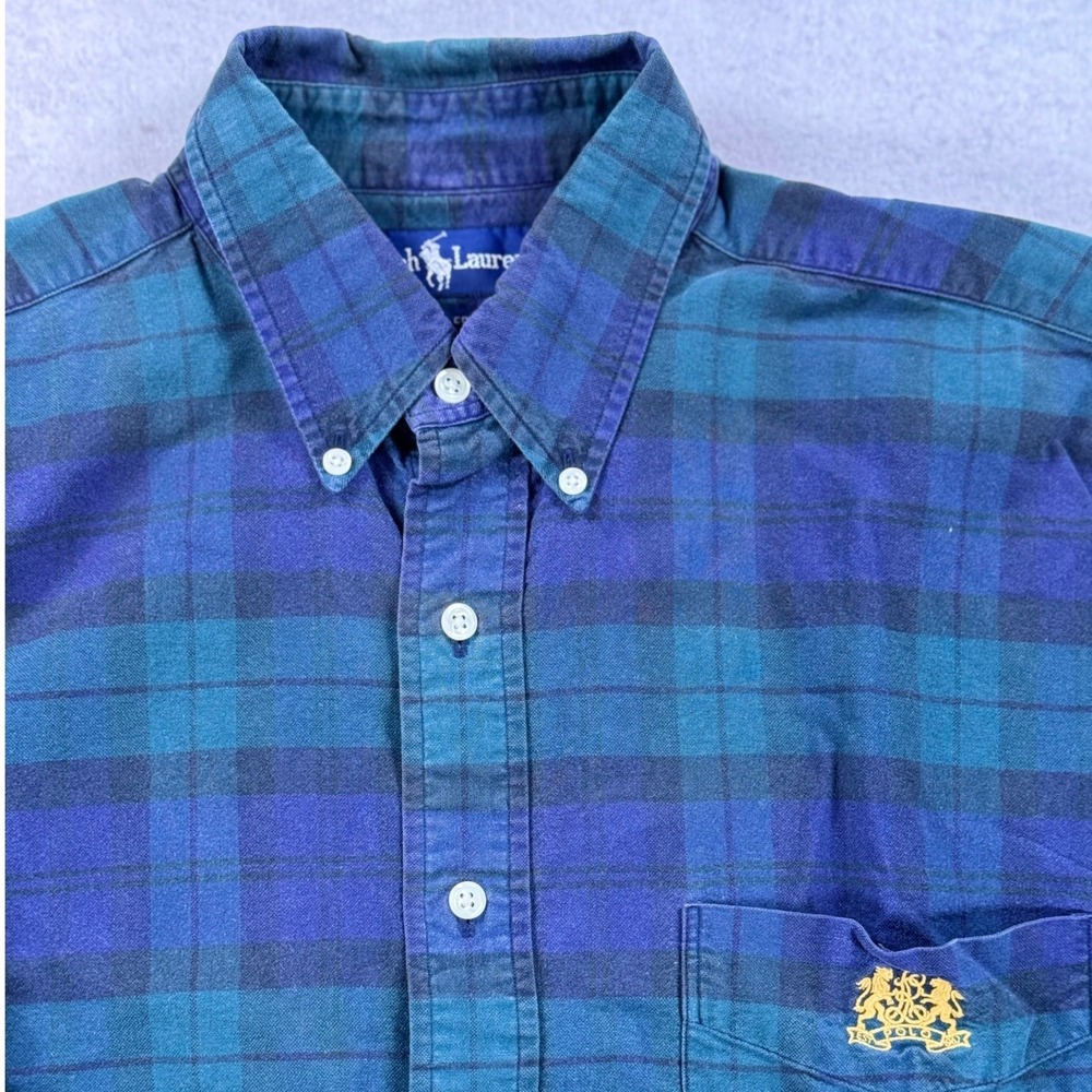 Polo Ralph Lauren Mens Large Blackwatch Plaid Crest Logo Button Down Shirt VTG